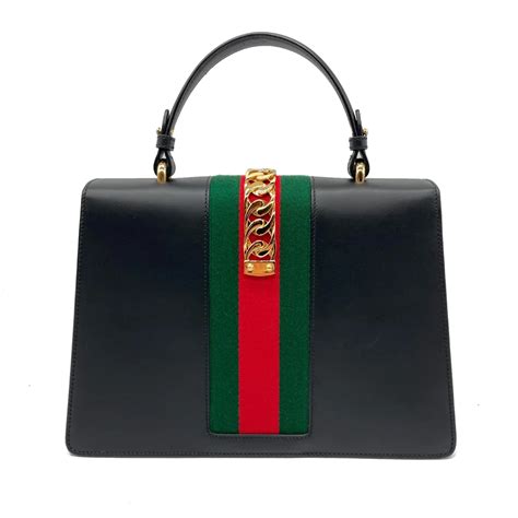 GUCCI Calfskin Medium Sylvie Top Handle Bag Black